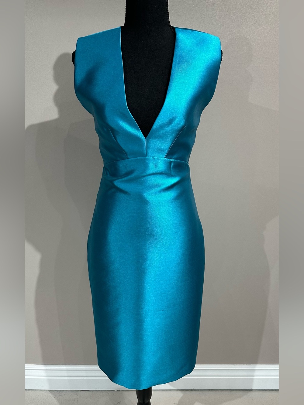 Satin Teal V-Neck jacquard Dress from Cesar Galindo